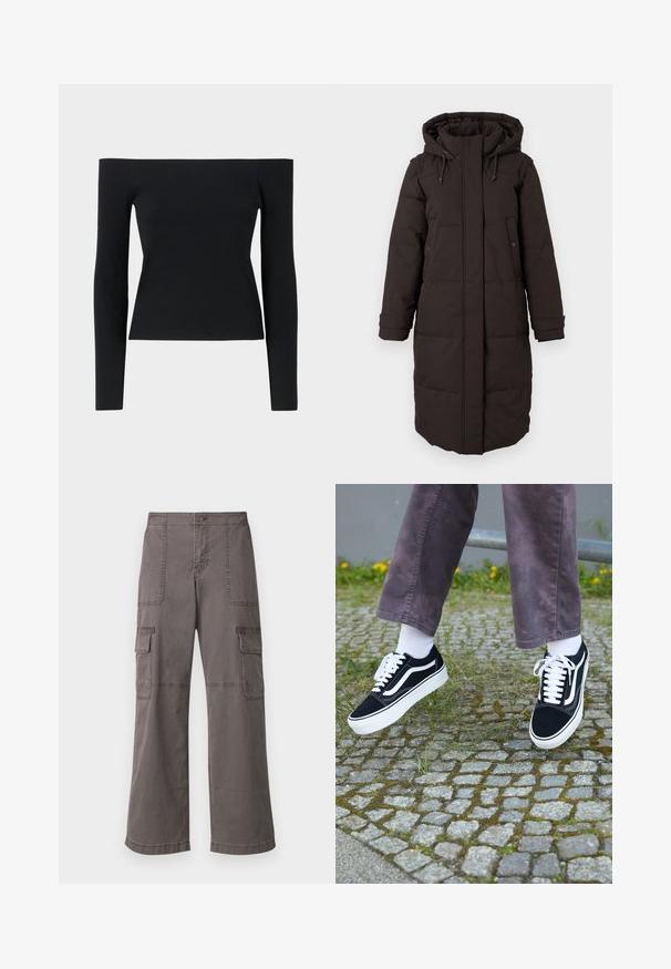 Pikk must polsterdatud talvejope kapuutsi ja esisegmendi tõmblukuga, mis on kaetud klapiga, kaks nööbidest taskut ja reguleeritavad mansetid.; Must have kaelust vaba must pikkade varrukatega topp, mis on valmistatud ribakudumist, omades tihedat siluetti ja minimalistlikku disaini.; Hallitsev harjadest puuvillased cargo püksid laia jala disainiga, millel on kaks eesmist taskut, kaks külgtaskut ja nähtavad õmbluse detailid.; Mustad nubukist spordijalatsid valgete detailidega, millel on ümar nina, paks valge tald ja klassikaline sidumise disain, kantud valgete sokkide ja lilla pükste juurde.