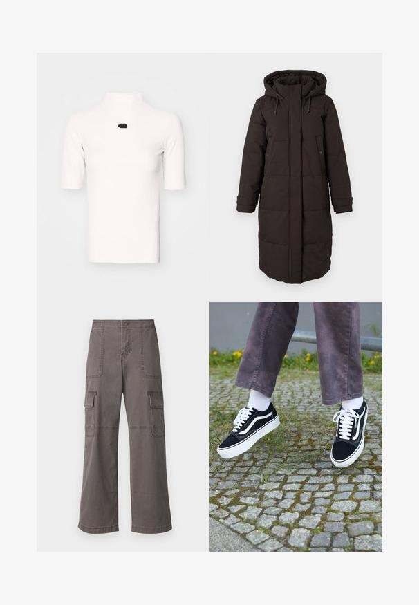 Dolga črna podložena zimska bunda s kapuco, sprednji zadrge prekrite s klapnio, dvema žepoma na gumbe in prilagodljivimi zapestnimi trakovi.; Bela rebrasta majica s turtleneck izrezom i kratkimi rokavi, na katero je na prsih črn logotip. Ima prilegajoč kroj z gladko teksturo.; Sive cargo hlače iz bombaža z širokim krojem, ki imajo dva sprednja žepa, dva stranska žepa in vidne šivanske detajle.; Črne semiš teniske z belimi akcenti, s krožno prstom, debelim belim podplatom in klasičnim vezanjem, nošene z belimi nogavicami in vijoličnimi hlačami.