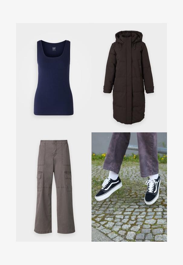 Casaco de inverno longo, preto e acolchoado, com capuz, fecho frontal coberto por aba, dois bolsos com botão de pressão e tiras ajustáveis nos punhos.; GAP TANK - Top - navy; Calças de carga cinzentas, feitas de algodão, com um design de perna larga, apresentando dois bolsos frontais, dois bolsos laterais e detalhes de costura visíveis.; Sapatilhas de camurça pretas com detalhes brancos, apresentando um bico arredondado, sola branca grossa e um design clássico de atacadores, usadas com meias brancas e calças roxas.