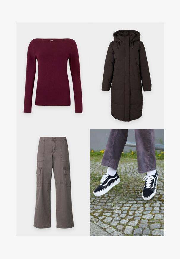 Garšs melns pildīts ziemas mētelis ar kapuci, priekšējais rāvējslēdzis pārklāts ar atloku, divas pogu kabatas un regulējami aproču siksniņas.; Ilgā piedurkne, kuplā kakla sieviešu blūze dziļi vīna sarkanā krāsā, izgatavota no gludas, pieguļošas auduma.; Pelēkas kokvilnas bikses ar platām kājām, kas piedāvā divas priekšējās kabatas, divas sānu kabatas un redzamās šūšanas detaļas.; Melni zamšādas sporta apavi ar baltiem akcentiem, ar apaļu purngalu, biezu baltu zoli un klasisku šņorēšanas dizainu, uzvilkti ar baltām zeķēm un violetām biksēm.