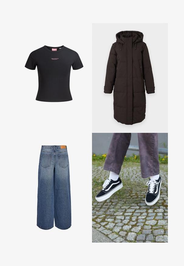 Long black padded winter coat with hood, front zipper covered by flap, two snap-button pockets, and adjustable cuff straps.; Black short-sleeve t-shirt made of smooth cotton, featuring a fitted design and pink text saying "It's not me, it's you" on the front.; Wide-leg denim culottes in medium blue wash with a faded texture, featuring two back pockets and a brown leather brand tag on the waistband.; Black suede sneakers with white accents, featuring a rounded toe, thick white sole, and classic lace-up design, worn with white socks and purple pants.