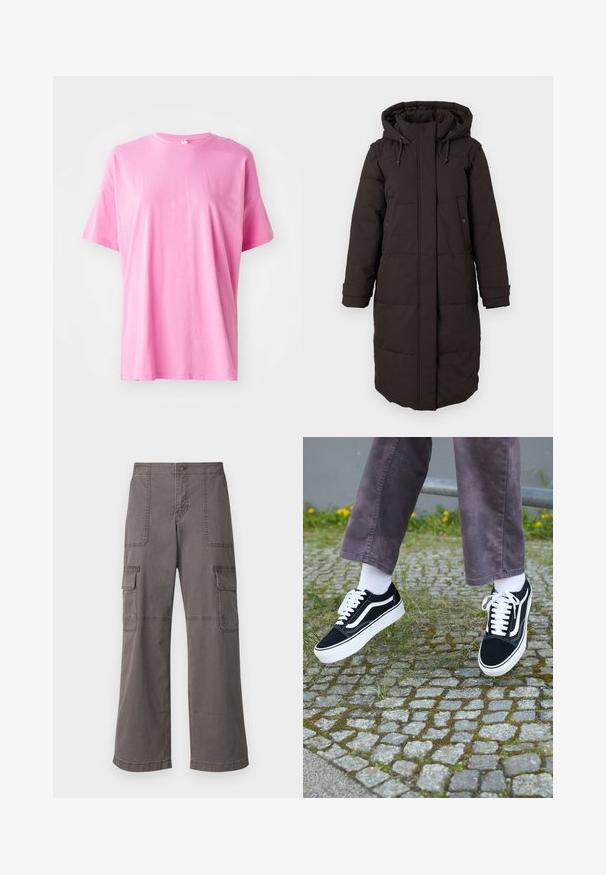 Caban lung din material padding negru, cu glugă, fermoar frontal acoperit de o clapetă, două buzunare cu capse și curele de ajustare la mânici.; Tricou din bumbac roz, cu mâneci scurte, guler rotund și croială lejeră. Cusături minime și textură netedă, fără modele vizibile.; Pantaloni cargo gri, din bumbac, cu un design cu picioare largi, având două buzunare frontale, două buzunare laterale și detalii de cusătură vizibile.; Adidași negri din suede cu accente albe, având vârful rotunjit, talpă groasă albă și un design clasic cu șireturi, purtați cu șosete albe și pantaloni mov.