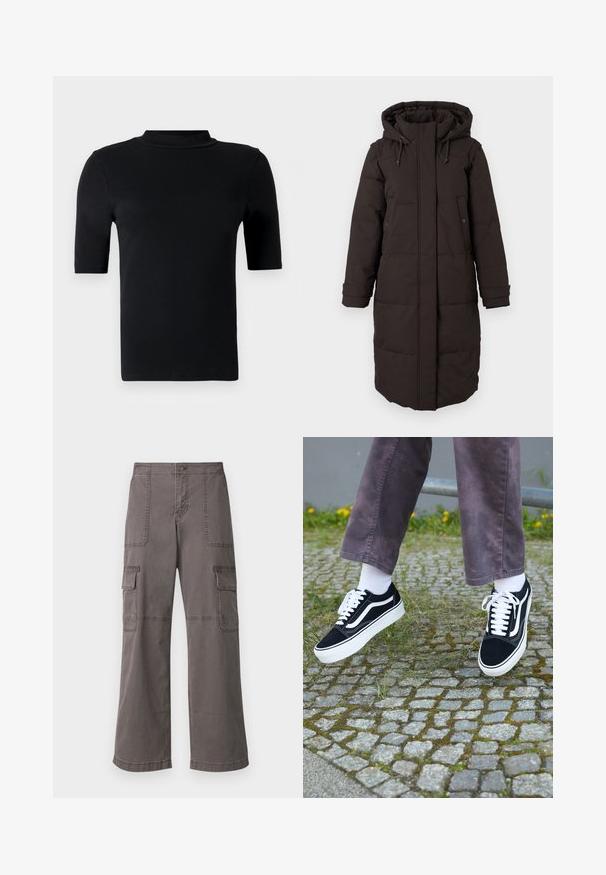 Caban lung din material padding negru, cu glugă, fermoar frontal acoperit de o clapetă, două buzunare cu capse și curele de ajustare la mânici.; Cămașă neagră cu mâneci scurte, tip turtleneck, realizată dintr-un material neted, având un design ajustat cu guler înalt și fără modele sau accente vizibile.; Pantaloni cargo gri, din bumbac, cu un design cu picioare largi, având două buzunare frontale, două buzunare laterale și detalii de cusătură vizibile.; Adidași negri din suede cu accente albe, având vârful rotunjit, talpă groasă albă și un design clasic cu șireturi, purtați cu șosete albe și pantaloni mov.