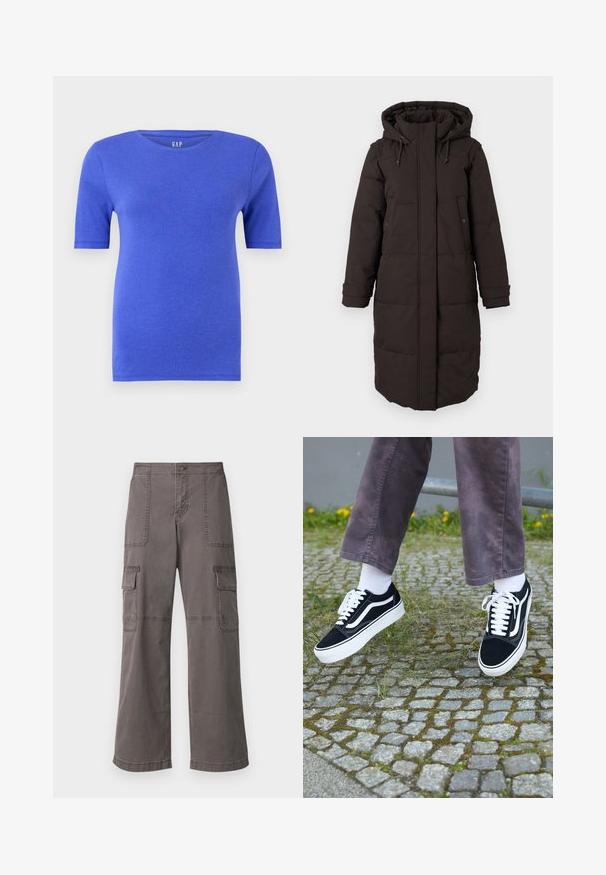 Pikk must polsterdatud talvejope kapuutsi ja esisegmendi tõmblukuga, mis on kaetud klapiga, kaks nööbidest taskut ja reguleeritavad mansetid.; Sinine lühikeste varrukatega T-särk, mis on valmistatud pehmest puuvillast, klassikalise ümmarguse kaelusega, millel on õrn tekstuur ja brändi logo kaeluses.; Hallitsev harjadest puuvillased cargo püksid laia jala disainiga, millel on kaks eesmist taskut, kaks külgtaskut ja nähtavad õmbluse detailid.; Mustad nubukist spordijalatsid valgete detailidega, millel on ümar nina, paks valge tald ja klassikaline sidumise disain, kantud valgete sokkide ja lilla pükste juurde.