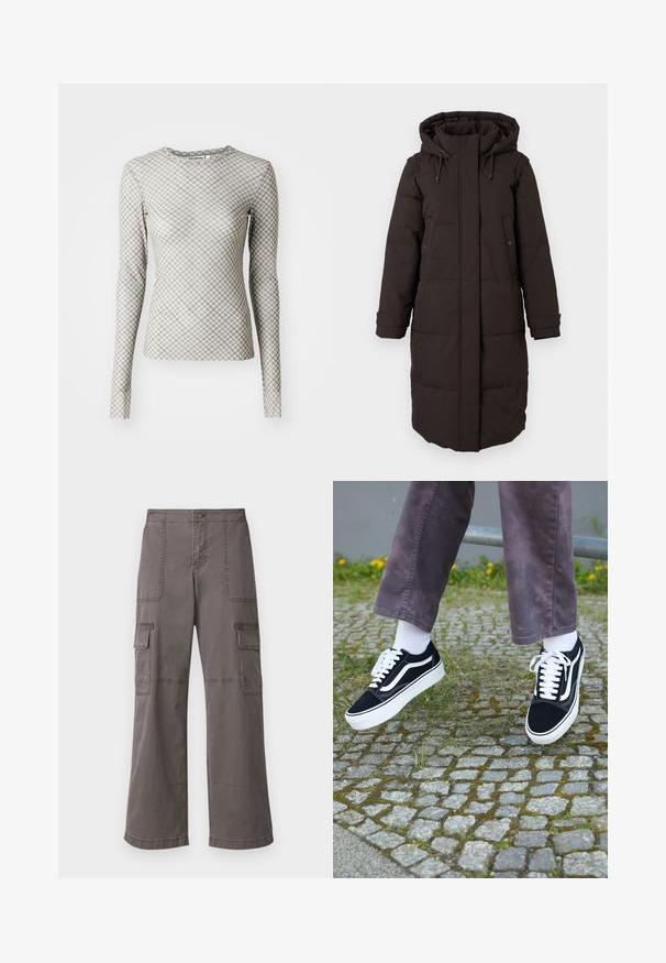 Lungo cappotto invernale imbottito nero con cappuccio, zip frontale coperta da una pattina, due tasche con bottone a scatto e cinturini regolabili sui polsini.; Maglietta a maniche lunghe di colore grigio chiaro con un motivo geometrico a rombi in grigio scuro e accenti verdi, caratterizzata da un collo rotondo e una forma attillata.; Pantaloni cargo grigi in cotone con un design a gamba larga, dotati di due tasche anteriori, due tasche laterali e dettagli di cucitura visibili.; Sneaker in suede nero con dettagli bianchi, caratterizzati da una punta arrotondata, suola spessa bianca e design classico con lacci, indossati con calze bianche e pantaloni viola.