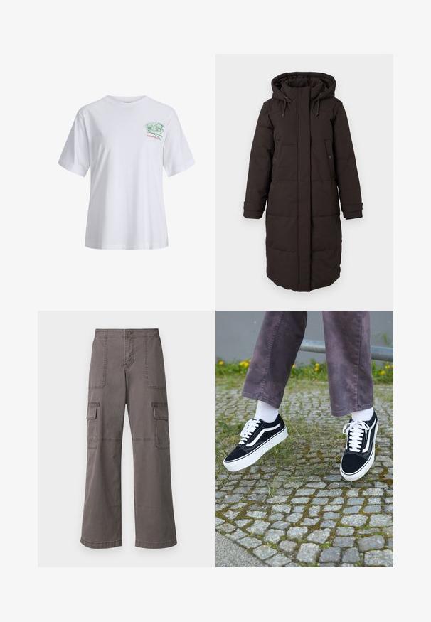 Lang svart polstret vinterjakke med hette, frontglidelås dekket av klaff, to trykknapp-lommer og justerbare mansjettstriper.; Hvit bomulls t-skjorte med korte ermer, avslappet passform, med et grønt grafikkmotiv på brystet og rød tekst "SINCE 2020" under.; Grå cargobukser laget av bomull med et bredt ben-design, med to frontlommer, to sidelommer og synlige sømdetaljer.; Svarte semskede joggesko med hvite detaljer, med rund tå, tykk hvit såle og klassisk snøring, båret med hvite sokker og lilla bukser.