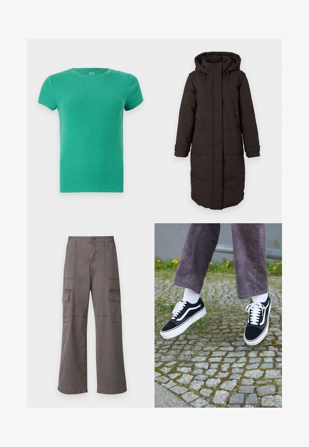 Dlhý čierny zateplený zimný kabát s kapucňou, predný zips zakrytý chlopňou, dve vrecká na cvoky a nastaviteľné manžety.; Zelené pruhované tričko s krátkym rukávom, okrúhly výstrih, priliehajúci strih, mäkká textúra, vyrobené z elastickej bavlny. Žiadne výrazné akcenty.; Šedé cargo nohavice z bavlny s širokým strihom, ktoré majú dve predné vrecká, dve bočné vrecká a viditeľné steh.; Čierne semišové tenisky s bielymi akcentmi, s okrúhlou špičkou, hrubou bielou podrážkou a klasickým šnurovacím dizajnom, kombinované s bielymi ponožkami a fialovými nohavicami.