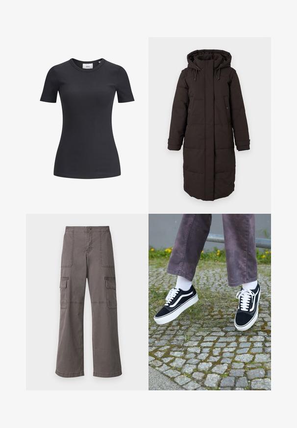 Lang svart polstret vinterjakke med hette, frontglidelås dekket av klaff, to trykknapp-lommer og justerbare mansjettstriper.; Svart ribbet kortermet t-skjorte med rund hals. Laget av et mykt, stretchy stoff, med subtil tekstur og en tettsittende silhuett.; Grå cargobukser laget av bomull med et bredt ben-design, med to frontlommer, to sidelommer og synlige sømdetaljer.; Svarte semskede joggesko med hvite detaljer, med rund tå, tykk hvit såle og klassisk snøring, båret med hvite sokker og lilla bukser.