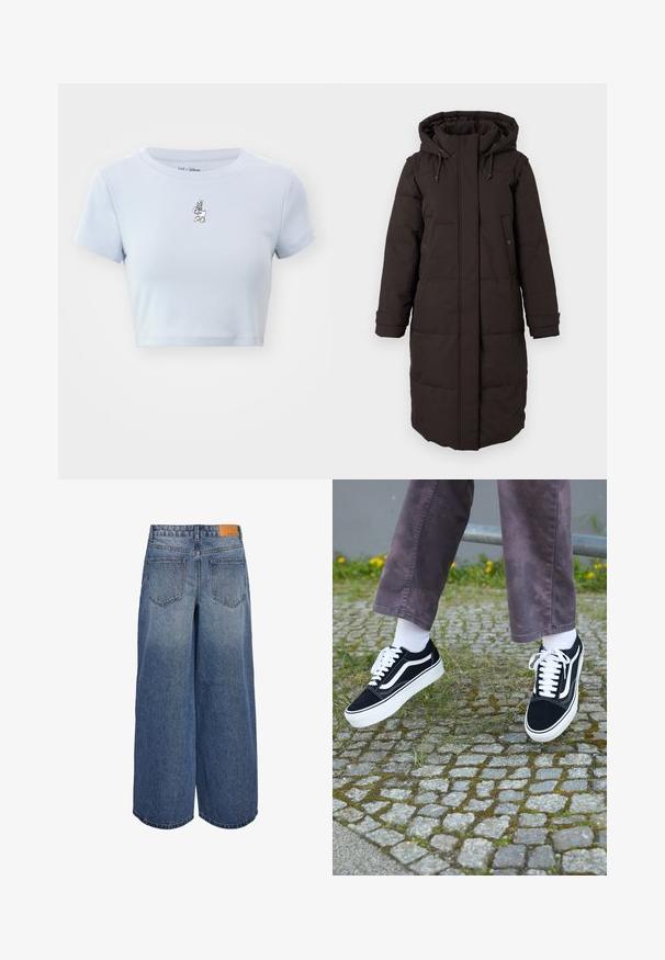 Casaco de inverno longo, preto e acolchoado, com capuz, fecho frontal coberto por aba, dois bolsos com botão de pressão e tiras ajustáveis nos punhos.; GAP TEE - T-shirt estampada - jet stream blue; Calças culottes de denim de perna larga em lavagem azul média com uma textura desbotada, apresentando dois bolsos traseiros e uma etiqueta de marca em couro castanho na cintura.; Sapatilhas de camurça pretas com detalhes brancos, apresentando um bico arredondado, sola branca grossa e um design clássico de atacadores, usadas com meias brancas e calças roxas.