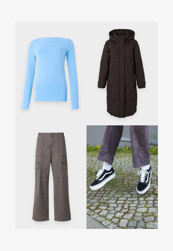 Garšs melns pildīts ziemas mētelis ar kapuci, priekšējais rāvējslēdzis pārklāts ar atloku, divas pogu kabatas un regulējami aproču siksniņas.; GAP CREW - Tops ar garām piedurknēm - union blue; Pelēkas kokvilnas bikses ar platām kājām, kas piedāvā divas priekšējās kabatas, divas sānu kabatas un redzamās šūšanas detaļas.; Melni zamšādas sporta apavi ar baltiem akcentiem, ar apaļu purngalu, biezu baltu zoli un klasisku šņorēšanas dizainu, uzvilkti ar baltām zeķēm un violetām biksēm.