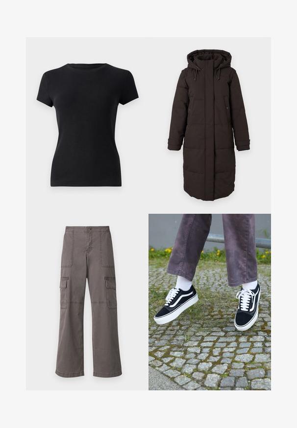 Caban lung din material padding negru, cu glugă, fermoar frontal acoperit de o clapetă, două buzunare cu capse și curele de ajustare la mânici.; Tricou negru cu mânecă scurtă, realizat dintr-un material ribbed, având un guler rotund și o formă ajustată. Fără modele sau accente vizibile.; Pantaloni cargo gri, din bumbac, cu un design cu picioare largi, având două buzunare frontale, două buzunare laterale și detalii de cusătură vizibile.; Adidași negri din suede cu accente albe, având vârful rotunjit, talpă groasă albă și un design clasic cu șireturi, purtați cu șosete albe și pantaloni mov.