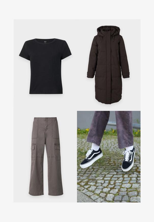 Lang svart polstret vinterjakke med hette, frontglidelås dekket av klaff, to trykknapp-lommer og justerbare mansjettstriper.; Svart T-skjorte med korte ermer laget av ribbet stoff, har rund hals og en avslappet passform. Ingen synlige mønstre eller detaljer.; Grå cargobukser laget av bomull med et bredt ben-design, med to frontlommer, to sidelommer og synlige sømdetaljer.; Svarte semskede joggesko med hvite detaljer, med rund tå, tykk hvit såle og klassisk snøring, båret med hvite sokker og lilla bukser.