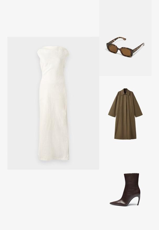 Langer, brauner Baumwollmischungsmantel mit Kragen, zwei Fronttaschen und weiten Ärmeln, ausgestattet mit gerader Schnittführung und minimalistischen Design.; Weißes Leinen-Maxi-Kleid mit schulterfreiem Ausschnitt, taillierter Silhouette und geradem Saum. Verfügt über einen strukturierten Stoff für zusätzliche Details.; Braune Leder-Stiefelette mit spitzer Zehenpartie, schlankem Profil und hohem Stiletto-Absatz. Sie hat eine glatte Textur und ein minimalistisches Design.; Schildpatt-Sonnenbrille mit einem runden, klobigen Rahmen und braunen Gläsern. Verfügt über dezente Muster und gerade, zulaufende Bügel.; Schwarze gesteppte Handtasche mit einem goldenen Kettenriemen, die einen auffälligen goldenen Verschluss und ein kleines Etikett aufweist, das eine strukturierte Lederoberfläche zeigt.