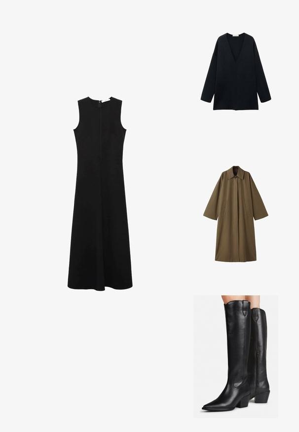 Palton lung, dintr-un amestec de bumbac de culoare maronie, cu guler, două buzunare frontale și mâneci largi, având o croială dreaptă și un design minimalist.; Top negru, lejer, cu decolteu în V și mâneci lungi, fabricat dintr-un material moale. Design simplu, cu tiv drept și fără modele sau accente distincte.; Rochie neagră fără mâneci, cu decolteu rotund, corset ajustat și fustă evazată. Dispune de un fermoar la spate și este confecționată dintr-un material neted, ușor.; Botine din piele neagră, până la genunchi, cu vârf ascuțit, toc bloc și cusături decorative. Fermoar pe lateral și buclă de prindere în partea de sus pentru un plus de ușurință la îmbrăcare.; Geantă de umăr din piele neagră împletită, cu o formă lejeră și un umăr lat. Prezintă un design texturat, împletit, cu o finisare netedă.