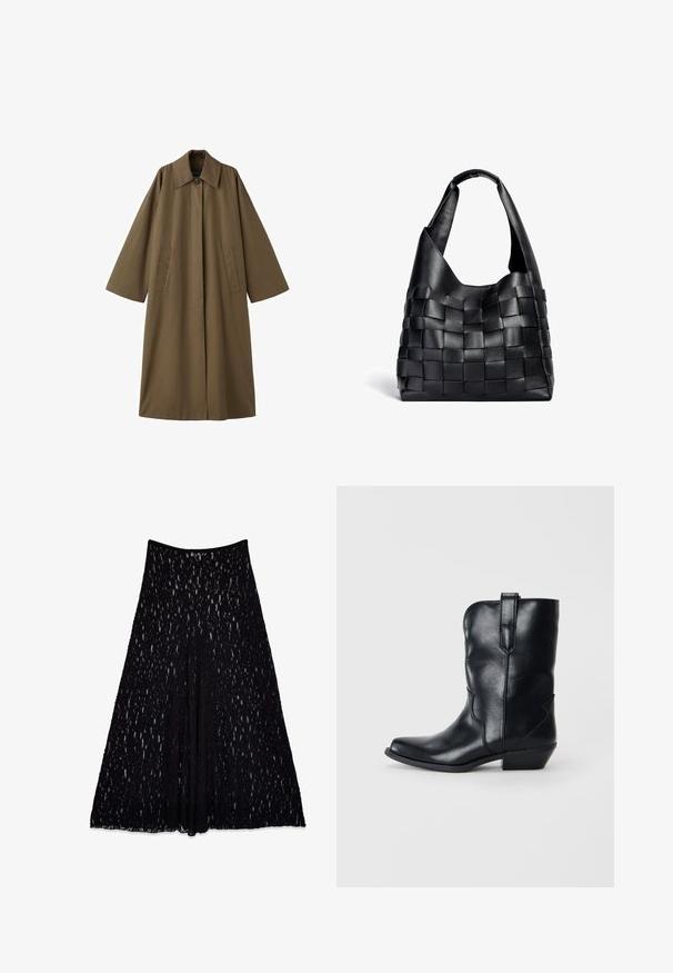 Długie, brązowe płaszcz z mieszanki bawełny z kołnierzem, dwoma przednimi kieszeniami i szerokimi rękawami, o prostym kroju i minimalistycznym designie.; Czarna, luźno dopasowana bluzka z dekoltem w serek i długimi rękawami, wykonana z miękkiego materiału. Prosty krój z prostym dołem i bez wyraźnych wzorów czy akcentów.; Czarna koronkowa spódnica o rozkloszowanym kroju, z teksturowanym wzorem i gładkim paskiem w talii, długości do kolan, z wyściółką wewnętrzną.; Czarne skórzane buty kowbojskie z lekko spiczastym noskiem, sięgające do połowy łydki, z ozdobnym przeszyciem i niskim obcasem. Posiadają pętelkę ułatwiającą zakładanie.; Czarna skórzana torebka typu tote o luźnym kształcie i szerokim pasku na ramię. Posiada teksturowany, pleciony wzór z gładkim wykończeniem.