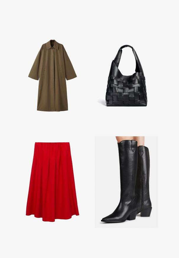 Dug, smeđi kaput od mješavine pamuka s ovratnikom, dva prednja džepa i širokim rukavima, s ravnim krojem i minimalističkim dizajnom.; Crna, široka majica s V-izrezom i dugim rukavima, napravljena od mekanog materijala. Jednostavan dizajn s ravnim rubom i bez izraženih uzoraka ili akcenta.; Crvena, suknja do koljena sa nabranim strukom i lepršavim A-linijom. Izrađena od glatke tkanine bez vidljivih uzoraka ili akcenata.; Crne kožne čizme do koljena s šiljastim vrhom, blok petom i dekorativnim šavovima. Bočni zatvarač i petlja na vrhu za lakše obuvanje.; Crna kožna torba za nošenje s pletenim uzorkom, opuštenog oblika i širokim remenom za ramena. Ima teksturirani, isprepleteni dizajn s glatkom završnom obradom.