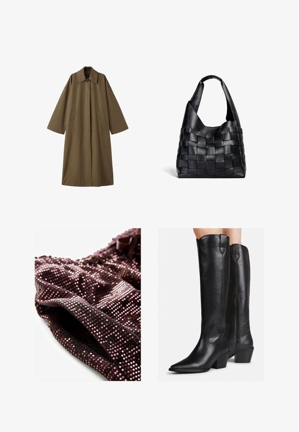 Dlouhý hnědý kabát z bavlněné směsi s límcem, dvěma předními kapsami a širokými rukávy, s rovný střih a minimalistickým designem.; Černý, volný vrchní díl s výstřihem do V a dlouhými rukávy, vyrobený z měkké tkaniny. Jednoduchý design se rovnými lemy a bez výrazných vzorů nebo akcentů.; Top s flitry a texturovaným povrchem, který je vyroben z tmavě fialové látky s růžovými flitry a má stužku jako detail u výstřihu.; Černé kožené boty až ke kolenům s špičatou špičkou, čtvercovým podpatkem a dekorativním prošíváním. Boční zip a poutko na horní části pro snadné obouvání.; Černá kožená tkaná taška s uvolněným tvarem a širokým ramenním popruhem. Má texturovaný, propletený design s hladkým povrchem.