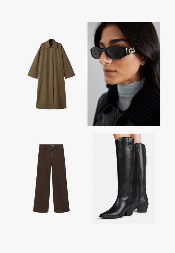 Manteau long en mélange de coton marron avec un col, deux poches avant et des manches larges, présentant une coupe droite et un design minimaliste.; Haut noir ample à col en V avec des manches longues, fabriqué en tissu doux. Design simple avec un ourlet droit et sans motifs ou accents distincts.; Pantalons larges marron en tissu coton. Présentent une taille haute, une braguette zippée et des détails de couture subtils à l'avant. Pas de poches visibles.; Bottes en cuir noires à hauteur de genou avec un bout pointu, un talon bloc et des coutures décoratives. Fermeture éclair sur le côté et languette en haut pour facilité d'enfilage.; Lunettes de soleil noires avec une monture rectangulaire élégante et un accent logo doré sur le côté. Les verres sombres et la finition brillante sont proéminents.; Sac cabas en cuir noir tissé avec une forme décontractée et une large bandoulière. Caractéristiques d'un design texturé et entrelacé avec une finition lisse.