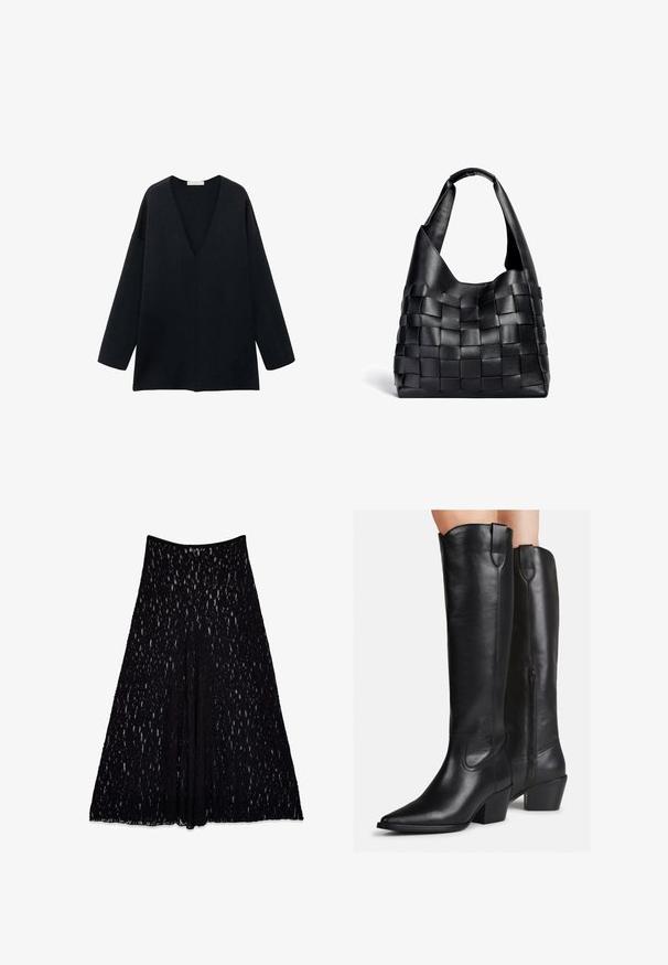 Pitkä, ruskea, puuvillasekoitteen takki, jossa on kaulus, kaksi etutaskua ja leveät hihat, suoralla leikkauksella ja minimalistisella muotoilulla.; Mustaksi, löysästi istuva V-pääntie paita, jossa on pitkät hihat ja pehmeä kangas. Yksinkertainen muotoilu, suora helma ilman erottuvia kuvioita tai yksityiskohtia.; Musta pitsihame, jossa on levenevä siluetti, teksturoitu kuvio ja sileä vyötärö, polvipituinen vuoritetun sisäpuolen kanssa.; Polvisuoraan mustat nahkabootsit, joissa on terävä kärki, lohkoreunus ja koristeompeleet. Sivuvetoketju ja vetonauha ylhäällä helpottamaan pukemista.; Musta nahkainen punottu kassi, jossa on löysä muoto ja leveä olkahihna. Ominaisuuksina teksturoitu, kudottu muotoilu, jossa on sileä pinta.