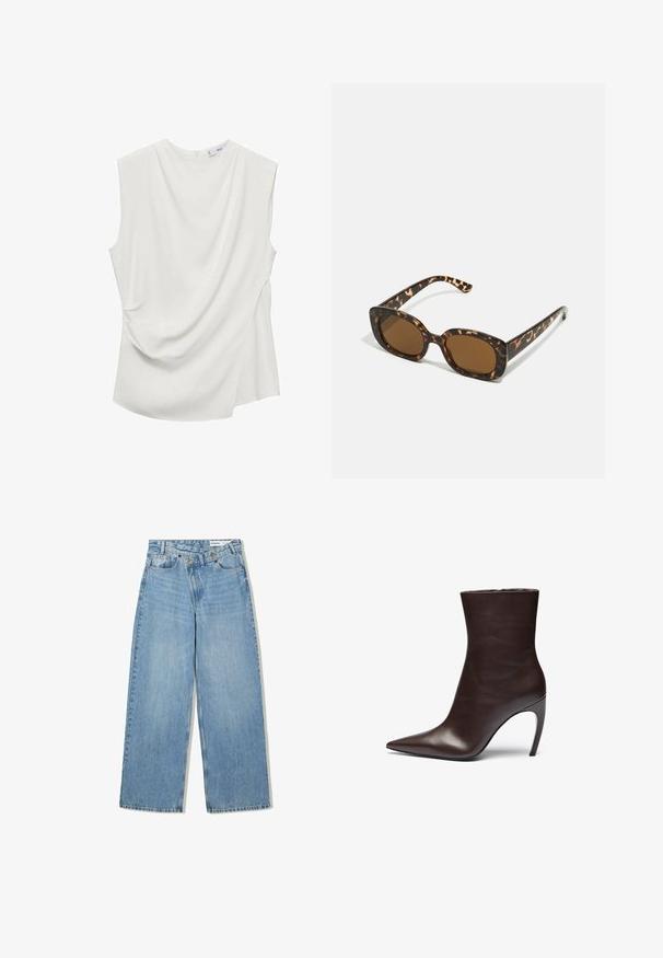 Palton lung, dintr-un amestec de bumbac de culoare maronie, cu guler, două buzunare frontale și mâneci largi, având o croială dreaptă și un design minimalist.; Top alb fără mâneci, realizat dintr-un material neted, cu detalii drapate în față și o margine curbată în spate.; Jeans largi de culoare albastru deschis, confecționați din denim, cu talie înaltă, cinci buzunare, închidere cu nasture și ușoară decolorare pentru textură.; Botină din piele maro, cu vârf ascuțit, siluetă subțire și toc stiletto înalt. Are o textură netedă și un design minimalist.; Ochelari de soare cu chelă de broască țestoasă, având un cadru rotund și voluminos, cu lentile maro. Prezintă modele subtile și brațe drepte, conice.; Geantă de mână din piele neagră, cu un design curbat, accesorii de culoare aurie și un mâner de sus. Dispune de o închidere elegantă și o textură netedă.