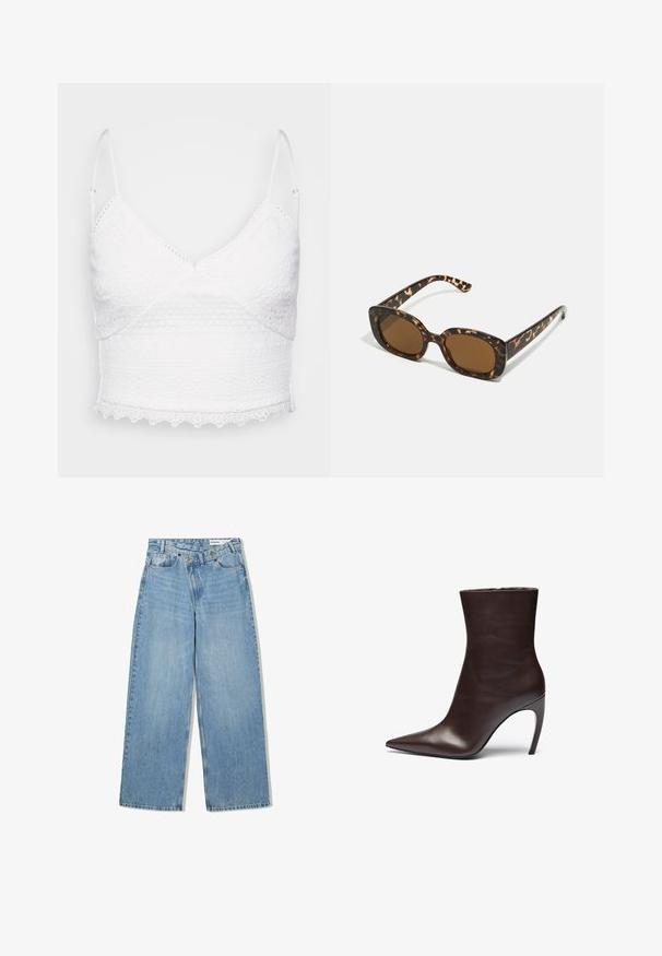 Dlhý, hnedý, bavlnený kabát z bavlnenej zmesi s golierom, dvoma prednými vreckami a širokými rukávmi, s rovnou líniou a minimalistickým dizajnom.; Biely krajkový bralet s nastaviteľnými ramienkami, v-výstrihom a textúrovanými vzormi. Obsahuje vlnkovaný lem a zložité vyšívané detaily.; Svetlomodré široké džínsy vyrobené z denimu, s vysokým pásom, piatimi vreckami, zapínaním na gombík a jemným vyblednutím pre textúru.; Hnedá kožená členková obuv s špicatou špičkou, štíhlou siluetou a vysokým ihlovým podpätkom. Má hladkú textúru a minimalistický dizajn.; Slnečné okuliare v tortoiseshell štýle s okrúhlym, robustným rámom a hnedými šošovkami. Má jemné vzory a rovné, zoštíhlené ramená.; Čierna kožená kabelka s prehnutým dizajnom, zlatými kovovými detailmi a horným uchom. Má elegantné zatvorenie a hladký povrch.