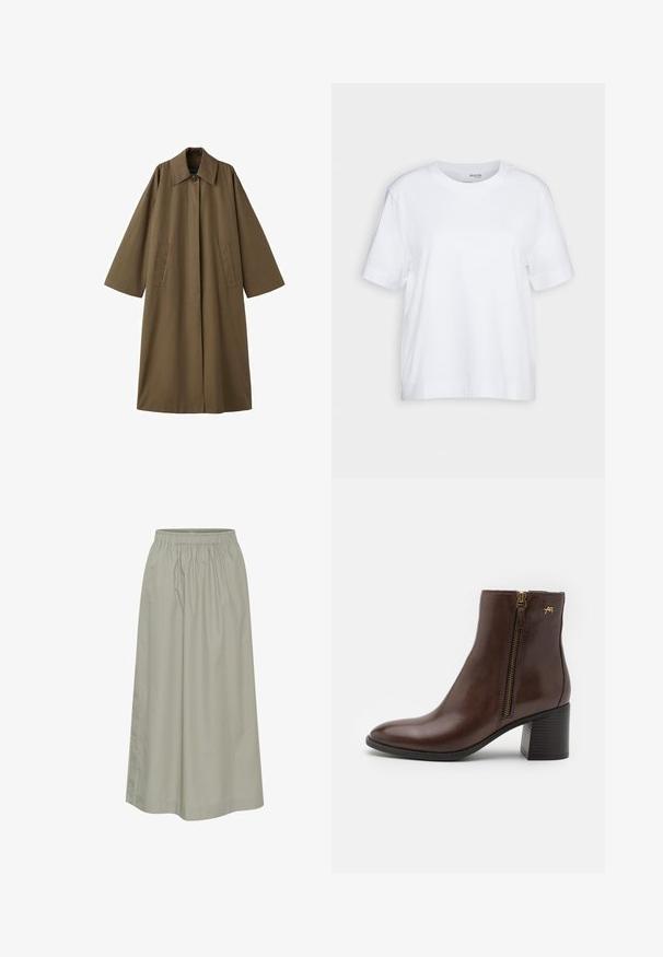 Abrigo largo de mezcla de algodón en color marrón, con cuello, dos bolsillos frontales y mangas anchas, que presenta un corte recto y un diseño minimalista.; Camiseta blanca de manga corta, con cuello redondo, hecha de un suave y liso tejido de algodón, con un dobladillo recto y un detalle mínimo. Diseño sencillo y versátil.; Falda verde claro, de largo hasta la rodilla, hecha de una tela suave con una cinturilla elástica, que presenta un diseño fruncido y detalles de costura discretos.; Botín de cuero marrón hasta el tobillo con punta redonda, cremallera lateral con herrajes dorados y tacón cuadrado con un patrón texturizado.