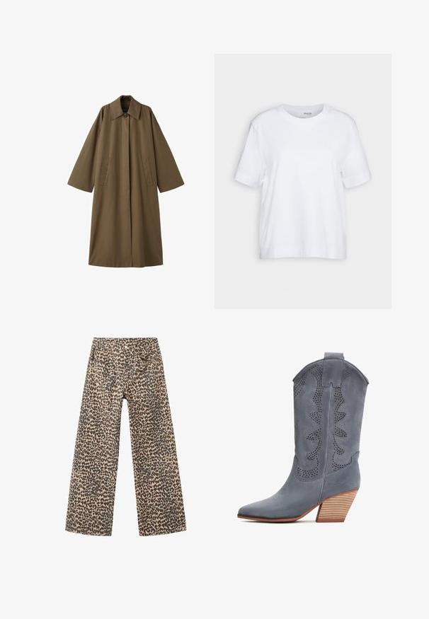 Dug, smeđi kaput od mješavine pamuka s ovratnikom, dva prednja džepa i širokim rukavima, s ravnim krojem i minimalističkim dizajnom.; Bijela majica s kratkim rukavima, okrugli izrez, izrađena od mekog, glatkog pamučnog materijala, sa ravnim rubom i minimalnim detaljima. Jednostavan i svestran dizajn.; Hlače širokih nogavica od denima u svijetlosmeđoj tkanini s crnim uzorkom leopard kože; sadrže pet džepova i prednje kopčanje na dugme.; Sive usnjene cowboy čizme z zaostrenim nosom, perforiranim dizajnom in leseno podložnim peto. Imajo dekorativni valoviti zgornji del.