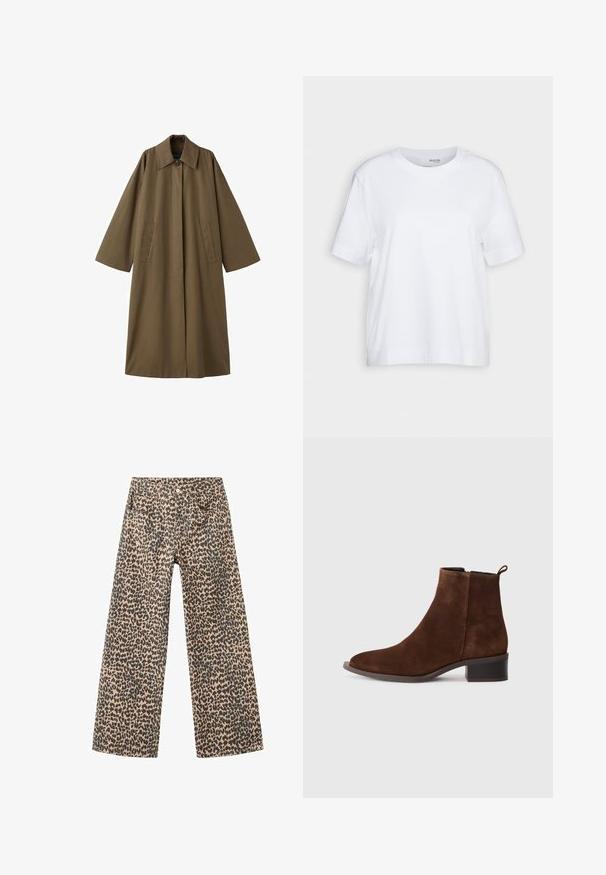 Dolga, rjava plašč iz mešanice bombaža s ovratnikom, dvema sprednjima žepoma in širokimi rokavi, s pravim krojem in minimalističnim dizajnom.; Bela kratka majica s kratkimi rokavi, krojačka ovratnika, izdelana iz mehkega, gladkega bombažnega blaga, s pravim robom in minimalnimi podrobnostmi. Enostaven in vsestranski dizajn.; Hlače širokega kroja iz denima v svetlo rjavi barvi z vzorcem črnih leopardov; vsebujejo pet žepov in sprednje zapiranje na gumb.; Rjavi nubuk škorenj z zaobljenim nosom, nizko blok peto in stranskim zadrgo. Ima tudi zanko na zadnji strani za enostavno obuvanje.