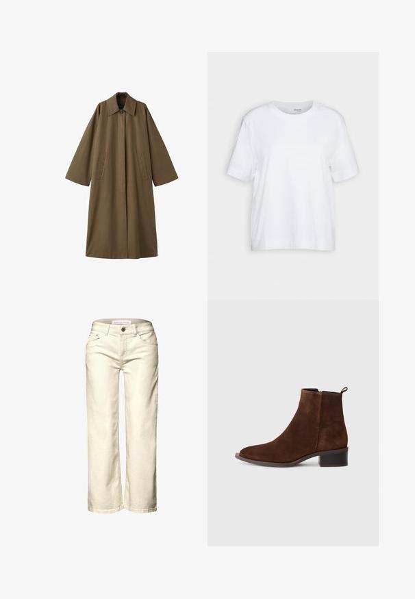 Pitkä, ruskea, puuvillasekoitteen takki, jossa on kaulus, kaksi etutaskua ja leveät hihat, suoralla leikkauksella ja minimalistisella muotoilulla.; Valkoinen lyhythihainen t-paita, pyöreä kaula-aukko, pehmeästä ja sileästä puuvillakankaasta valmistettu, suora helma ja minimalismi yksityiskohdissa. Yksinkertainen ja monikäyttöinen muotoilu.; Vaaleat kermaisenväriset, leveälahkeiset farkut, jotka on valmistettu denimistä ja joissa on etutaskut, nappisuljenta ja sileä pinta.; Ruskea mokkanahkainen nilkkabotti, jossa on pyöreä kärki, matala lohko korko ja sivu vetoketju. Takana on vetotappi helpon pukemisen vuoksi.
