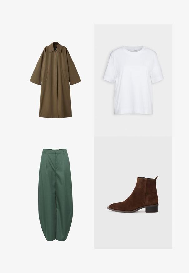 Dlhý, hnedý, bavlnený kabát z bavlnenej zmesi s golierom, dvoma prednými vreckami a širokými rukávmi, s rovnou líniou a minimalistickým dizajnom.; Biela krátka rukávová tričko, s okrúhlym výstrihom, vyrobené z jemnej a hladkej bavlnenej tkaniny, s rovnými okrajmi a minimálnymi detailami. Jednoduchý a univerzálny dizajn.; Gestuz CALLIA BARREL PANTS - Nohavice - posy green melange; Hnedé semišové členkové topánky s okrúhlou špičkou, nízkym blokovým podpätkom a bočným zipsom. Obsahujú úchyt na zadnej strane pre jednoduchšie obúvanie.