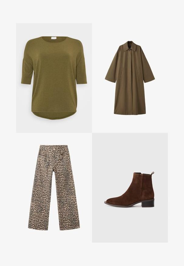 Długie, brązowe płaszcz z mieszanki bawełny z kołnierzem, dwoma przednimi kieszeniami i szerokimi rękawami, o prostym kroju i minimalistycznym designie.; ONLY Carmakoma CARLAMOUR khaki; Spodnie o szerokich nogawkach wykonane z denimu w jasnobrązowym kolorze z czarnym wzorem w cętki; posiadają pięć kieszeni i zapięcie na guzik z przodu.; Brązowy zamszowy botek na kostkę z okrągłym noskiem, niskim słupkowym obcasem i zamkiem błyskawicznym z boku. Posiada pętelkę z tyłu dla łatwego zakładania.