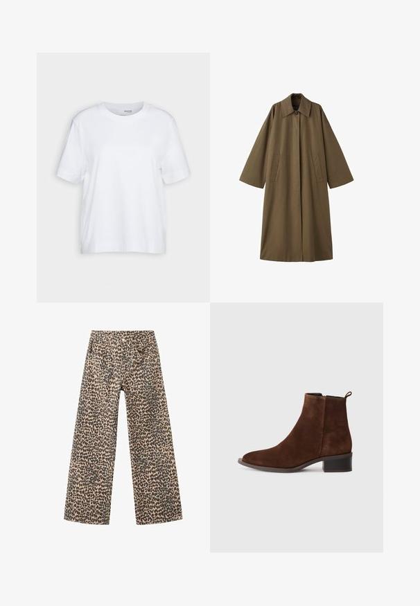 Lang, brun, bomuldsblandet frakke med krave, to forlommer og brede ærmer, med en lige snit og minimalistisk design.; Hvid kortærmet t-shirt med rund hals, lavet af blødt og glat bomuldsstof, med en lige kant og minimal detaljering. Enkel og alsidig design.; Breddelege bukser lavet af denim i et beige stof med et sort leopardprint mønster; har fem lommer og en frontknap lukning.; Brune ruskind ankelstøvle med rund tå, lav blokhæl og lynlås på siden. Har en træksløjfe bagpå for nem påtagning.