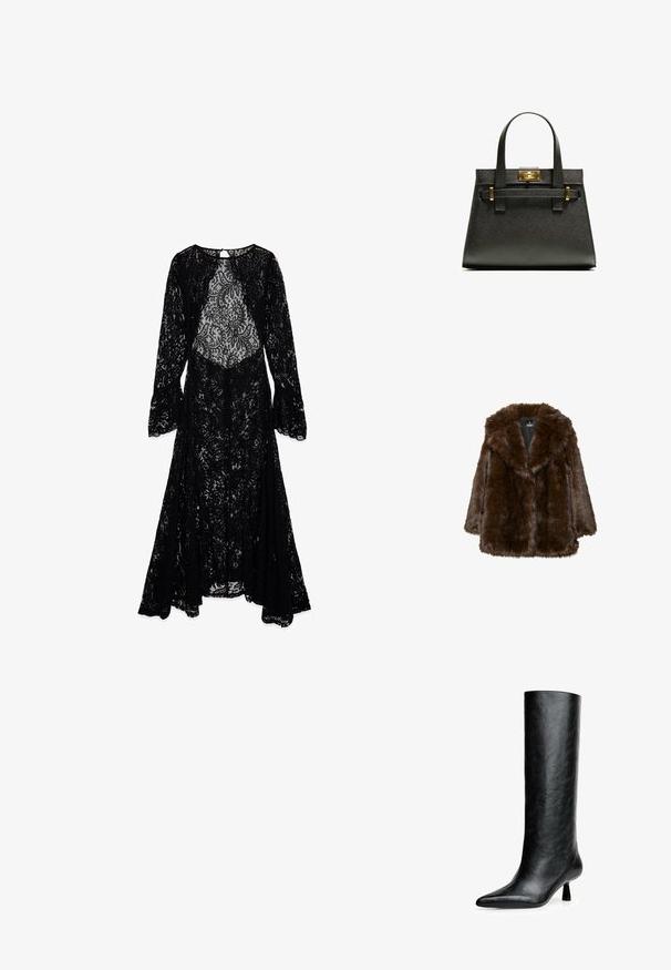 Rjav plašč iz umetnega krzna s širokim ovratnikom, dolgimi rokavi in sproščenim krojem. Tekstura je mehka in puhasta, z debelim, prijetnim izgledom.; Črna čipkasta obleka z dolgimi zvonastimi rokavi, ki ima prosojen korzet in zapleten cvetlični vzorec. Obleka se nežno spušča do tal in ima izpopolnjen izrez.; Črne gležnjeke do kolen, narejene iz strukturirane usnje. Imajo koničast toe in majhen, razširjen peto. Eleganten, gladek dizajn z minimalnimi poudarki.; Črna strukturirana toaletna torba z kratkimi ročaji, ki ima zlat zaklep in poudarke. Oblikovanje je strukturirano, s geometrijsko silhueto.