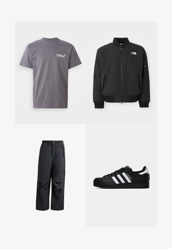 Mustat pommikankurit, jotka on valmistettu sileästä kankaasta, pyöreä kaula-aukko, resori hihat ja vetoketjulliset sivutaskut. The North Face -logo on rinnassa.; Harmaa puuvillateemekko, jossa on pyöreä pääntie ja lyhyet hihat. Vasemmassa rintakehässä on valkoinen "Witopia" -logo.; Musta, löysästi istuva housu, joka on valmistettu pehmeästä kankaasta. Siinä on joustava vyötärö, nappikiinnitys ja kaksi sivutaskua, joissa on poimutetut yksityiskohdat.; Musta Adidas Superstar -lenkkari, jossa on valkoiset raidat, kuorisuoja ja "Superstar"-teksti sivussa, esitetty sivuprofiilissa valkoista taustaa vasten.