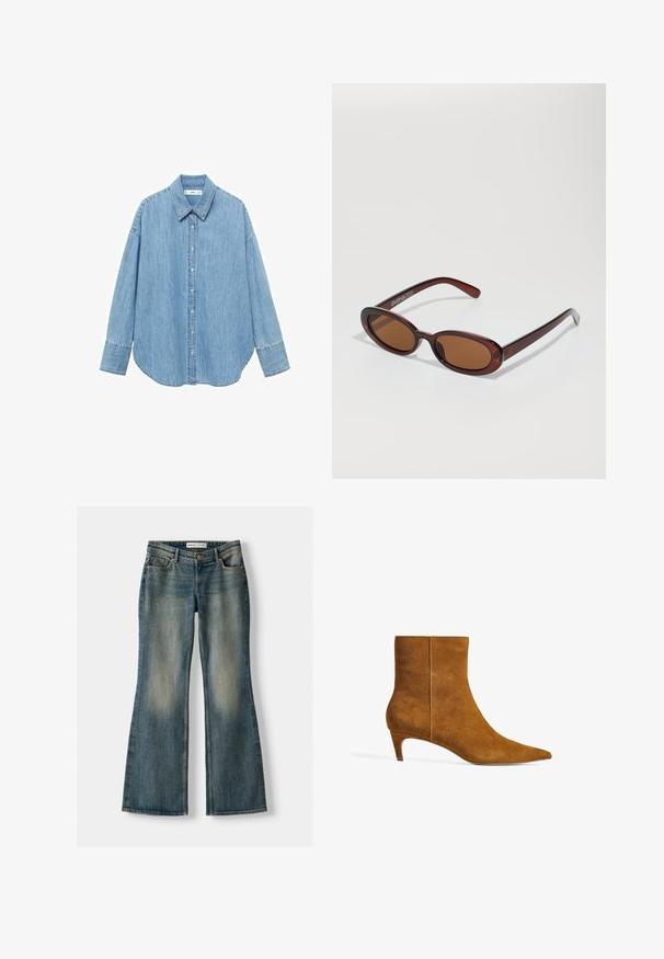 Brun fleecjacka med dragkedja fram, bred krage och elastisk fåll. Har sidofickor och en mjuk, texturerad yta.; Vitt stickat tröja med V-hals och långa ärmar. Har ett strukturerat diamantmönster och en liten logotyp på vänster bröst.; Ljusblå denimskjorta med lång ärm, spetsig krage och knäppning framtill. Har en böjd nederkant och avslappnad passform.; Blå utsvängda jeans med en blekt tvätt, fem fickor och knappstängning. Materialet visar en denimstruktur med subtila sömdetaljer.; Brun mockaskinnsankelhängsel med en spetsig tå och en låg kittenklack. Designen har en slät textur och en sömlös ovandel.; Runda, bruntonade solglasögon med en glansig bordeauxfärgad ram. Smala bågar med subtilt varumärkesdetalj. Platt linsdesign.; Brun mockaskinn hobo-väska med en avslappnad form, som har ett böjt handtag upptill och triangulära paneldetaljer på framsidan och baksidan.