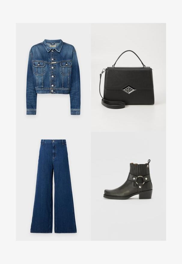 Közékkék féloldalas farmerdzseki ezüstszínű fémbotokkal, két elülső zsebbel és klasszikus gallérral. A varrások mentén kopottas textúra.; Replay SQUARED NECK - Hosszú ujjú felső - red; Replay PANTS - Egyenes szárú farmer - dark blue; Fekete bőr bokacsizma kerek orral, bordázott elasztikus oldalakkal, fényes gyűrű díszítéssel és alacsony tömbsarkúval.; Fekete szintetikus táska struktúrált dizájnnal, felső fogantyúval, levehető vállpánttal és ezüst színű, gyémánt alakú logóval az elején.