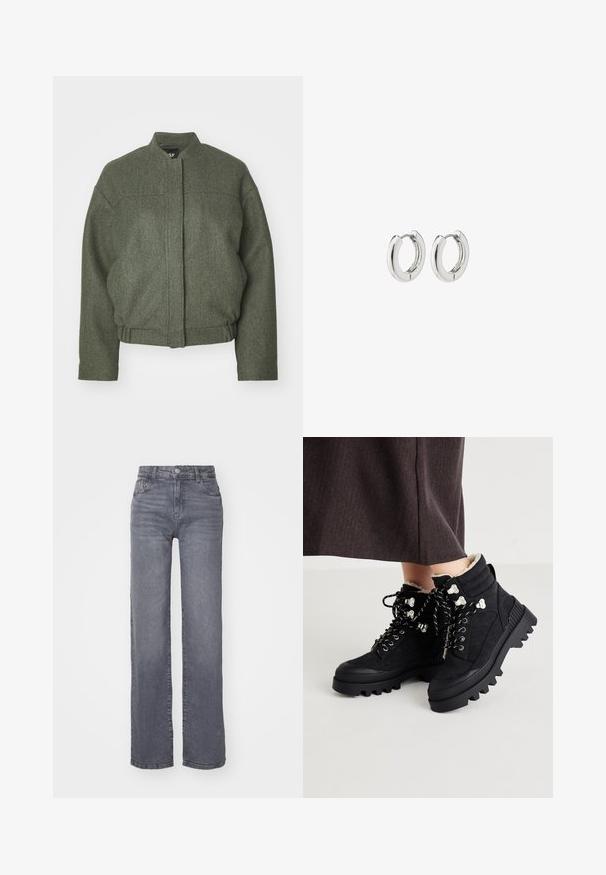 Green wool blend jacket with a stand-up collar, boxy fit, cropped hem, and two front pockets. Textured fabric with minimal stitching details.; Set of three short-sleeve t-shirts in black, gray, and white. Made from cotton, featuring a crew neck and a simple, solid color design.; Grey wide-leg jeans made from denim with a smooth texture, featuring a button and zipper closure, and five pockets.; Black ankle boots with a textured suede upper, chunky rubber sole, metallic eyelets, and contrasting laces for secure fastening. Fuzzy lining visible.; Silver hoop earrings with a polished finish, featuring a circular design and seamless hinges, displaying a smooth texture.