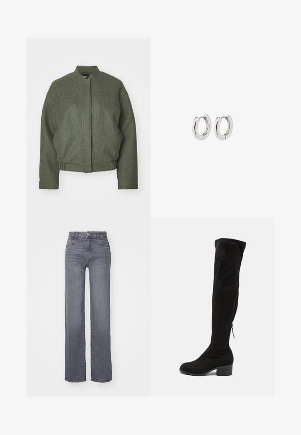 Zaļš vilnas maisījuma žakets ar stāvošu apkakli, kastveida piegriezumu, īsu malu un divām priekšējām kabatām. Tekstūrēta auduma ar minimālām šuvju detaļām.; Trīs īsām piedurknēm T-krekli melnā, pelēkā un baltā krāsā. Izgatavoti no kokvilnas, ar apaļu kakla izgriezumu un vienkāršu, viendabīgu krāsas dizainu.; Pelēki plati bikses no denima ar gludu tekstūru, ar pogu un rāvējslēdzēju, kā arī piecām kabatām.; Melnas augstas līdz ceļgaliem augstpapēžu zābaki, izgatavoti no mīksta zamšādas auduma, ar kvadrātveida papēdi un sānu rāvējslēdzēju, kas nodrošina ērtu uzvilkšanu. Gluda tekstūra.; Sudraba apli auskari ar spīdīgu apdari, kuriem ir apaļa forma un bezšuvju eņģes, rādot gludu virsmu.