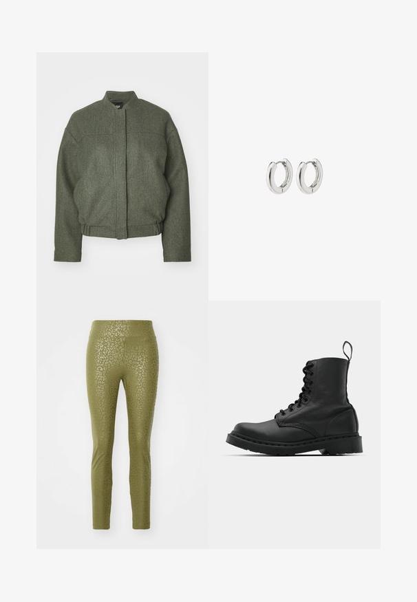 Green wool blend jacket with a stand-up collar, boxy fit, cropped hem, and two front pockets. Textured fabric with minimal stitching details.; Set of three short-sleeve t-shirts in black, gray, and white. Made from cotton, featuring a crew neck and a simple, solid color design.; Olive-green leggings featuring a subtle leopard print pattern, made from a stretchy material with a smooth texture and fitted design.; Black leather combat boot with a round toe, lace-up front, and a pull tab at the ankle. Features a thick rubber sole for durability.; Silver hoop earrings with a polished finish, featuring a circular design and seamless hinges, displaying a smooth texture.