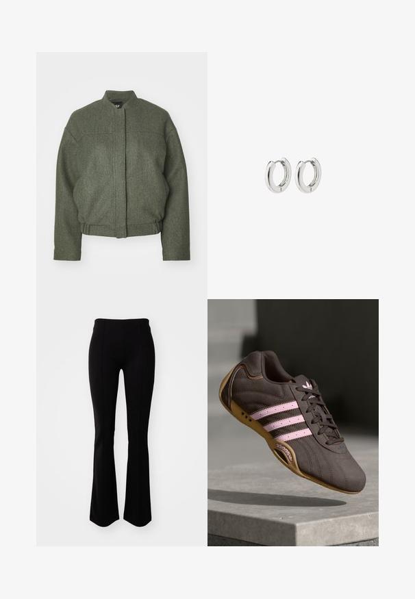 Zelena jakna od mješavine vune s uspravnim ovratnikom, širokim krojem, skraćenim rubom i dva prednja džepa. Tekstuirana tkanina s minimalnim detaljima šivanja.; Set od tri majice kratkih rukava u crnoj, sivoj i bijeloj boji. Izrađene od pamuka, s okruglim izrezom i jednostavnim, jednobojnim dizajnom.; Crne široke hlače od rastezljivog materijala, s visokim strukom, glatkom teksturom i šavovima uzduž prednje strane.; Smeđi suedeski atletski tenisice s ružičastim prugama i logotipom, s teksturiranim gornjim dijelom, vezanjem na vezice i gumiranim potplatom.; Srebrne kružne naušnice s poliranim završetkom, koje imaju kružni dizajn i bešavne šarke, prikazujući glatku teksturu.