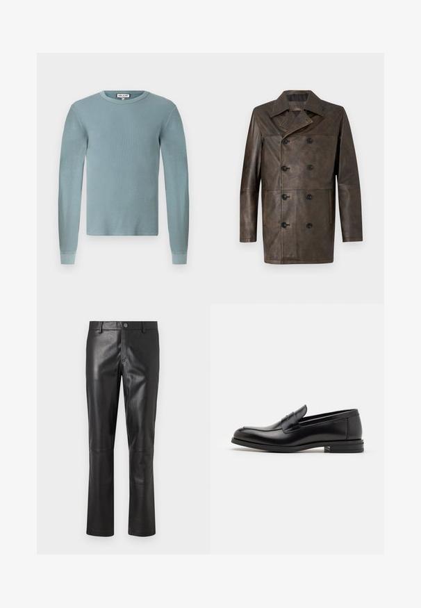 Brūns ādas dubultdzīvokļa mētelis ar plašu apkakli, lieliem melniem pogām un taisnu griezumu. Gluda tekstūra ar minimālu noformējumu.; Gaiši zils garenais krekls ar ribotu tekstūru un apaļu kakla izgriezumu. Tam ir pieguļošas piedurknes un vienkārša zīmola etiķete uz apkakles.; Melnas ādas bikses ar gludu tekstūru, taisniem griezumiem un smalkām šuvēm garam. Aprīkotas ar pogu aizdari jostasvietā.; Melnas ādas kurpes ar gludu tekstūru, noapaļu purngalu un dekoratīvu siksniņu pāri priekšpusei. Zems sakrauts papēdis, minimālisma dizains.