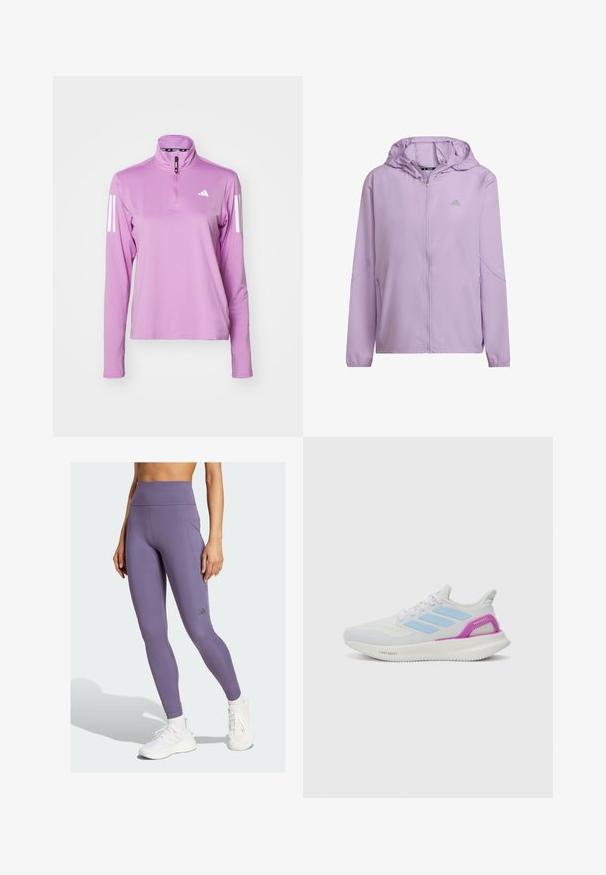 Light purple athletic jacket with a zip front, hood, and side pockets. Features reflective accents on sleeves and brand logo on chest.; adidas Performance Long sleeved top - preloved purple; Purple high-waisted leggings made from stretchy material, featuring flat seams, a side pocket, and a small brand logo on the lower leg.; adidas Performance PUREBOOST 5 - Road running shoes - white/glow blue/purple burst