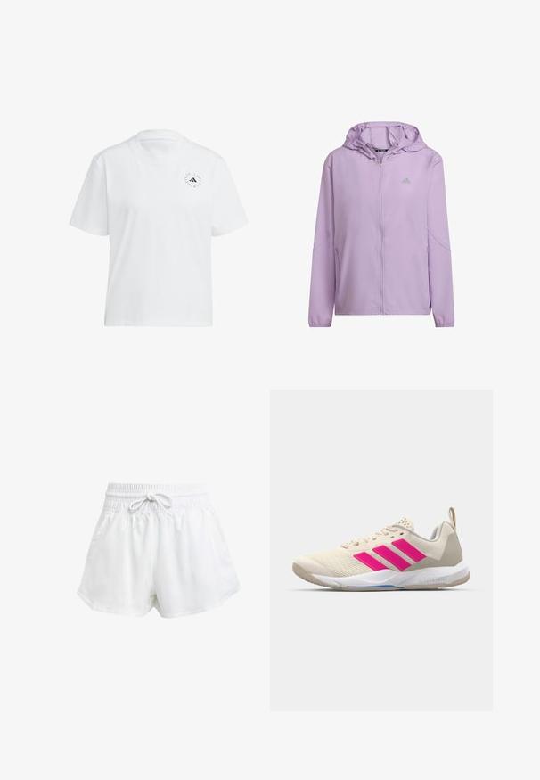 Vaaleanlila urheiluva jacket, jossa on vetoketju edessä, huppu ja sivutaskut. Varustettu heijastavilla tehosteilla hihoissa ja brändilogolla rinnassa.; Valkoinen puuvillainen t-paita, jossa on pyöreä kaulus ja lyhyet hihat. Vasemmassa rinnassa on pieni musta logo. Yksivärinen, sileä pinta.; Valkoiset urheilushortsit, joissa on joustava vyötärö ja säädettävä nyöri. Kevyestä materiaalista valmistettu, sivutaskut ja väljä istuvuus.; Beige urheilujalkine, jossa on vaaleanpunainen kolmonen-striippi-logo, teksturoitu verkko-yläosa, pehmustettu kaulus ja valkoinen kumipohja, jossa on "LIGHTSTRIKE" -brändäys.