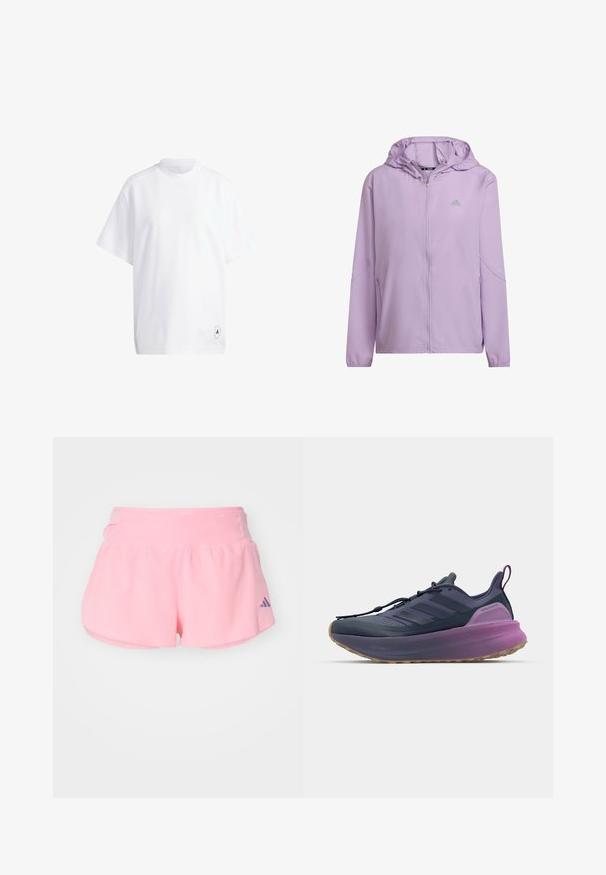 Vaaleanlila urheiluva jacket, jossa on vetoketju edessä, huppu ja sivutaskut. Varustettu heijastavilla tehosteilla hihoissa ja brändilogolla rinnassa.; Valkoinen puuvillapaita, jossa on lyhyet hihat, pyöreä kaula-aukko ja rento istuvuus. Huomionarvoinen yksityiskohta: pieni musta graafinen logo helmasssa.; adidas Performance ADIZERO GEL - Urheilushortsit - semi pink spark; adidas Performance ULTRABOOST 5 - Katujuoksukengät - shadow navy/legend ink/preloved purple