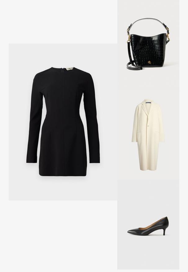 Polo Ralph Lauren DOUBLE FACED WOOL COAT - Klasisks mētelis - cream; Melnas garā piedurkne kleitas ar augstu kaklu, pieguļošu siluetu un aizmugures rāvējslēdzi. Izgatavota no gludas auduma ar minimālu apdari.; Melnas ādas augstpapēžu kurpes ar pīlādžu purngalu, zemu papēdi un gludu virsmu. Raksturīga neliela atvere priekšā un minimāls aprīkojums aizmugurē.; Melnas krokodila raksts ādas soma ar izliekta formu, zelta aparatūru, regulējamu siksnu un logotipa detaļu priekšpusē.