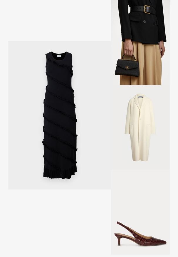 Polo Ralph Lauren DOUBLE FACED WOOL COAT - Cappotto classico - cream; Abito nero senza maniche con ruffle diagonali, tessuto morbido, lunghezza lunga e orlo svasato. Design minimalista senza decorazioni.; Décolleté in vernice bordeaux con punta affusolata e texture coccodrillo, dotate di tacco sottile e fianchi con apertura.; Borsa a tracolla nera strutturata con finitura testurizzata, accessori dorati e manico superiore. Indossata con un blazer nero e una gonna beige.