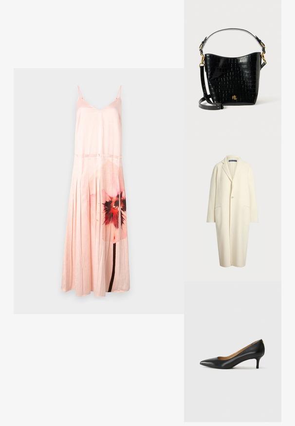 Polo Ralph Lauren - Klasyczny płaszcz; MAX&Co. CURLY biały; Czarne skórzane szpilki z wąskim noskiem, niskim obcasem i gładką fakturą. Posiadają lekko otwarte przody i minimalne okucia z tyłu.; Czarna torba ze skóry z tłoczeniem w krokodylą skórę o zaokrąglonym kształcie, z akcentami ze złotego metalu, regulowanym paskiem oraz detalem logo z przodu.