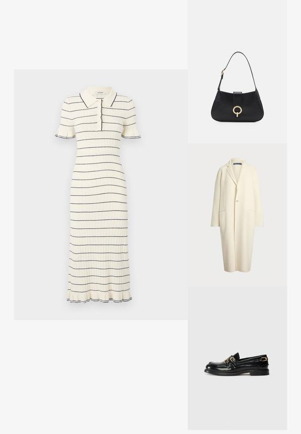 Polo Ralph Lauren DOUBLE FACED WOOL COAT - Klasický kabát - cream; sandro ROBE MIDI COL POLO FINITIONS FRILL - Denní šaty - ecru; Černé kožené mokasíny s lesklým povrchem, se dvěma zlatými přezkami a nízkým podpatkem. Hladká textura s kulatou špičkou.; Černá kožená kabelka s zakřiveným siluetou, krátkým popruhem, centrálním zlatým kováním a hladkým povrchem. Bez viditelných vzorů nebo akcentů.