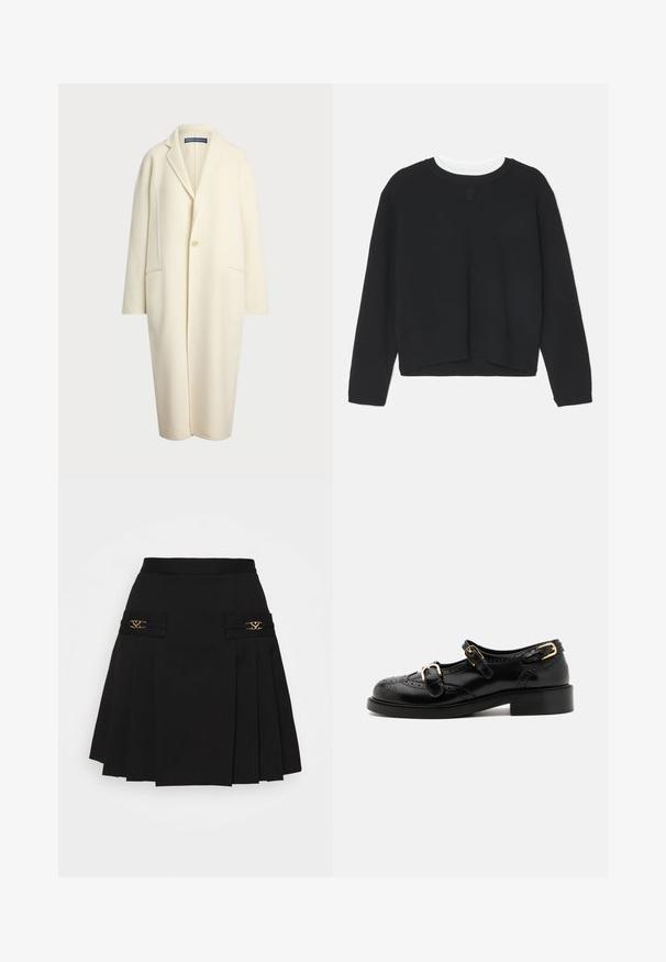 Polo Ralph Lauren DOUBLE FACED WOOL COAT - Klasisks mētelis - cream; Melna sporta krekls ar garām piedurknēm, apaļu kakla izgriezumu un nedaudz īsu apakšmalu. Izgatavots no mīksta auduma, uz priekšpuses ir subtila logotipa detaļa.; Melna plisuota svārki ar zelta apdari. Funkcijas sānu kabatas ar logotipa detaļām, izgatavoti no gludas materiāla. A-līnijas siluets.; Melnas ādas kurpes ar brogue detaļām, ar diviem sprādžu siksnām, noapaļotu purngalu un zemu papēdi. Gluda tekstūra ar spīdīgu apdari.
