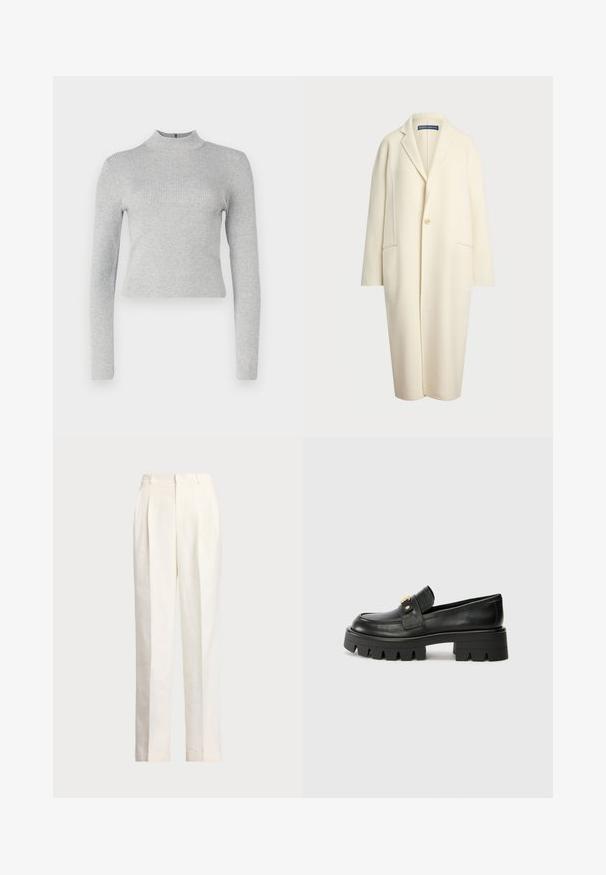 Polo Ralph Lauren DOUBLE FACED WOOL COAT - Klasičan kaput - cream; Svijetlosiva rebrasta majica s dugim rukavima i stojećim izrezom, u uskom kroju, s malim patentnim zatvaračem na leđima. Glatka tekstura kroz cijelu površinu.; Polo Ralph Lauren HEMP WIDE LEG PANT - Hlače - nevis; Crne kožne loafersice s debelim potplatom, s zlatnim akcentom sprijeda i glatkim završetkom. Debeli uzorak na potplatu.